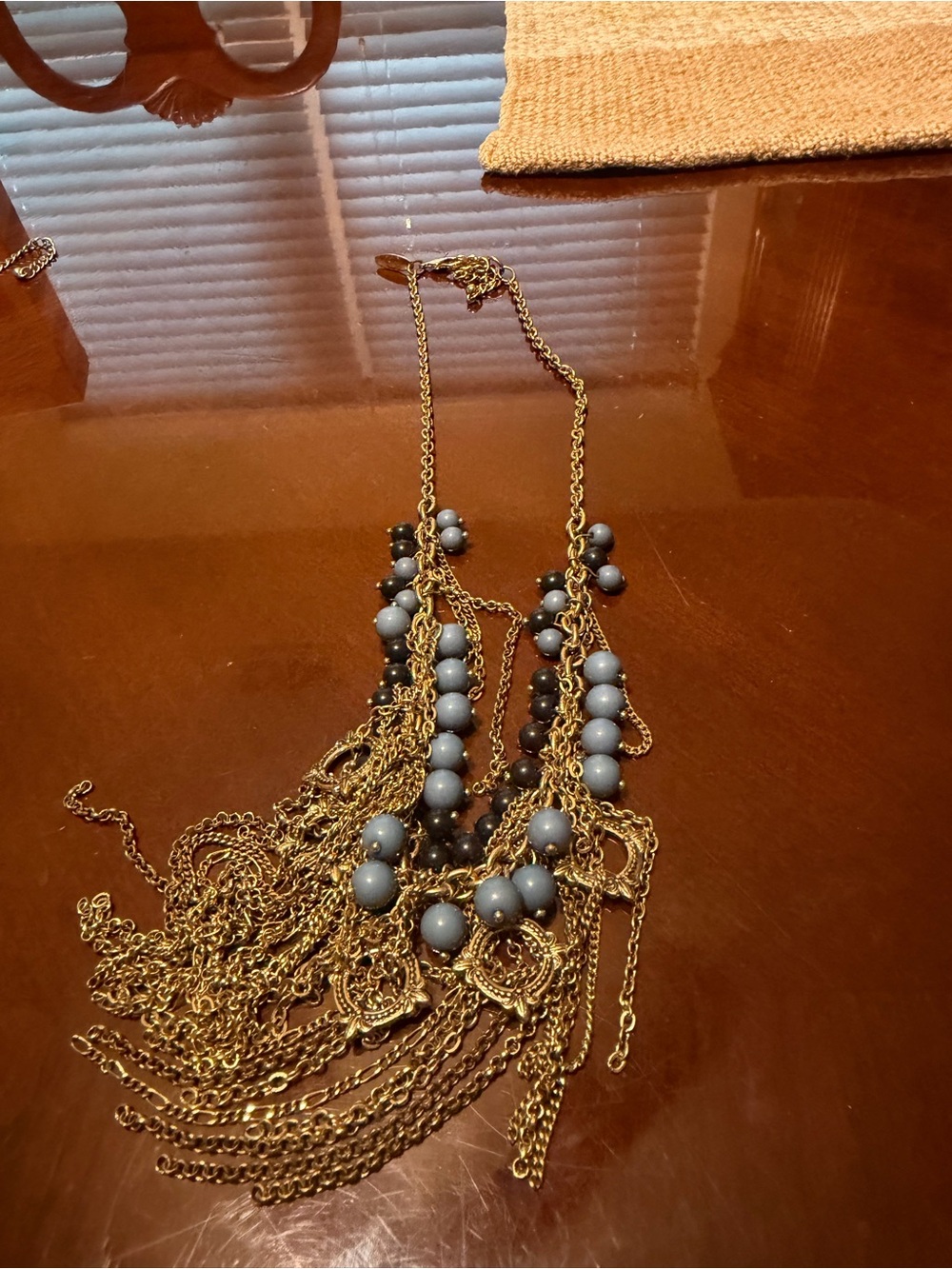 New York & Company Gold-Tone Multi-Strand Necklace with Blue and Black Beads